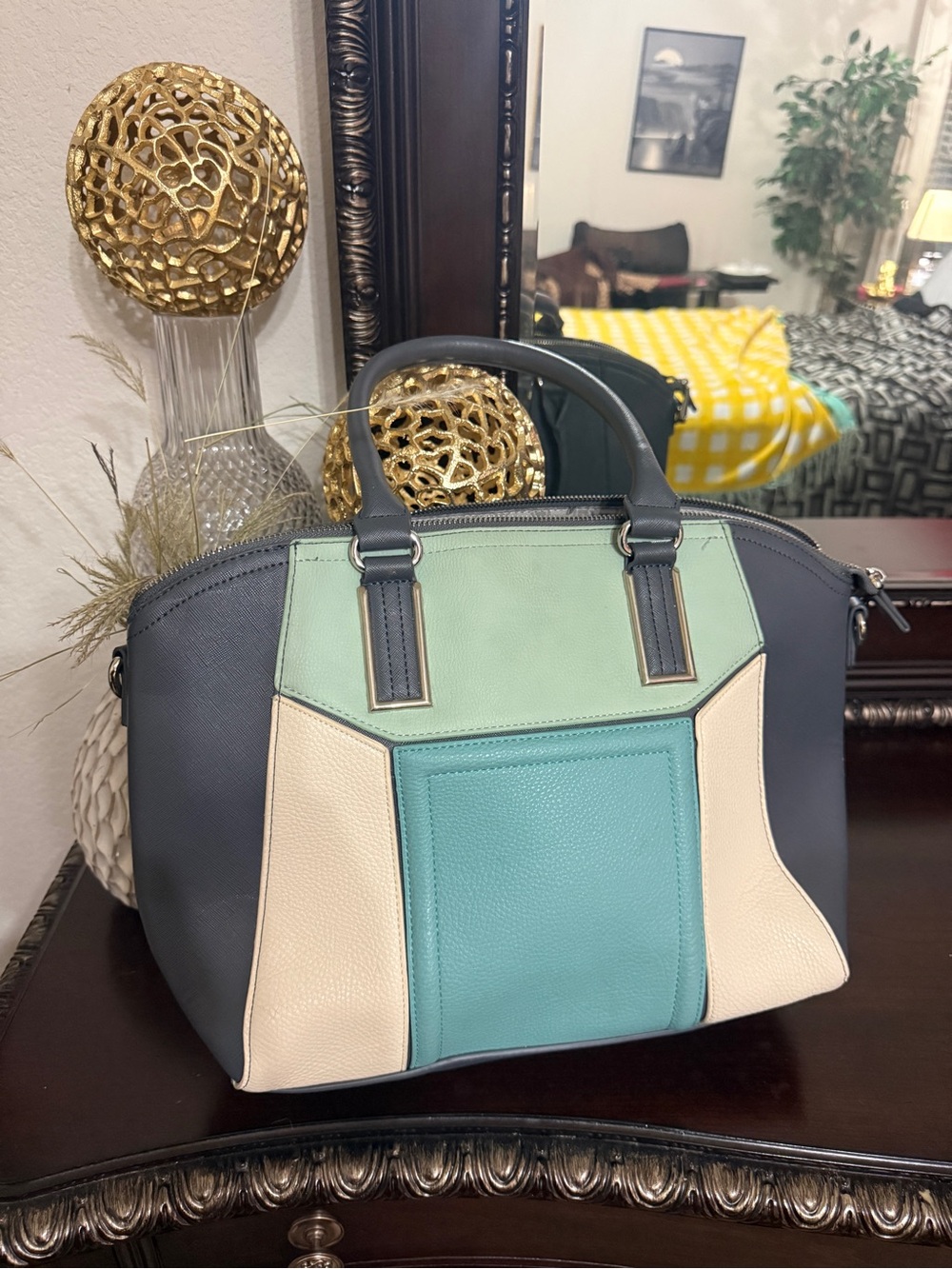 CCM Colorblock Dome Satchel Handbag - Navy, Mint, Teal & Cream